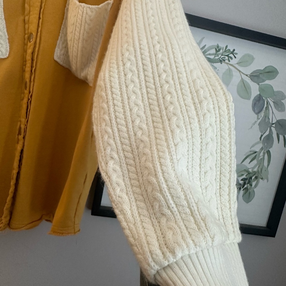ODDY Oversized Mustard Button Up Shirt With Knitted Sleeves and Pockets - Picture 3 of 5